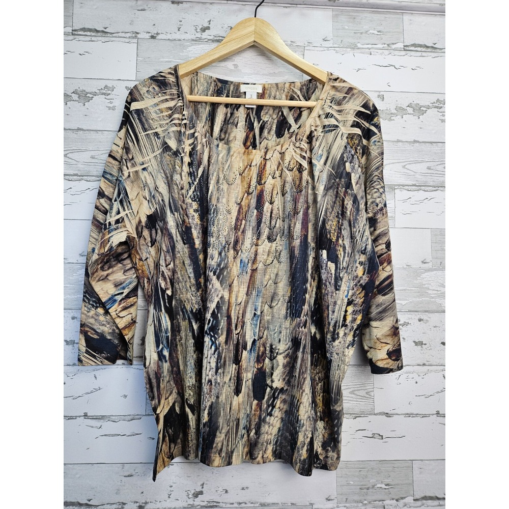 Chicos Womens Size 3 XL Abstract Feather Print Rhinestone Top 3/4 Sleeve